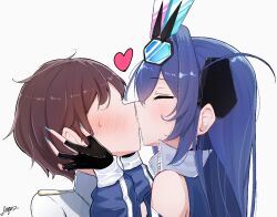 1boy 1girl argar_demo azur_lane black_gloves blue_hair blue_nails blush brown_hair closed_eyes commander_(azur_lane) faceless faceless_male fingerless_gloves from_side gloves hands_on_another&#039;s_face hands_up heart hetero kiss military_uniform naval_uniform new_jersey_(azur_lane) new_jersey_(black_blur_prelude)_(azur_lane) official_alternate_costume racequeen short_hair signature simple_background upper_body white_background
