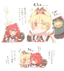  2girls ahoge alice_thymefield animal_ears black_gloves black_sailor_collar blonde_hair blush bow bowtie bright_pupils chibi closed_eyes collared_shirt commentary_request cropped_torso double-parted_bangs fingerless_gloves gloves green_eyes hair_ornament hand_up heterochromia kamanosuke_(zenless_zone_zero) long_hair low_twintails multiple_girls open_mouth pink_sweater rabbit_ears rabbit_girl rabbit_tail rebecca_(keinelove) red_eyes red_hair sailor_collar shirt simple_background sphere_hair_ornament sweater tail translation_request twintails ukinami_yuzuha white_background white_bow white_bowtie white_pupils white_shirt yellow_eyes zenless_zone_zero 