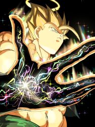  1boy aura black_background black_vest blonde_hair copyright_request cropped_vest dragon_ball dragon_ball_z from_below gogeta green_eyes halo highres kazumax76 male_focus medium_hair metamoran_vest muscular muscular_male no_shirt simple_background solo spiky_hair super_saiyan super_saiyan_1 upper_body vest yellow_halo 