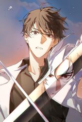  2boys ahoge black_coat black_eyes black_shirt blue_sky bruise bruise_on_face clouds coat collarbone collared_coat collared_shirt commentary_request curtained_hair floating_hair flying_sweatdrops hair_over_one_eye hand_up highres holding holding_sword holding_weapon injury kim_dokja male_focus multiple_boys official_art_redraw omniscient_reader&#039;s_viewpoint open_clothes open_coat open_mouth pov reflection serious shirt short_hair sky sword sword_clash teeth upper_body upper_teeth_only weapon white_coat wide-eyed xiaotujiii yoo_joonghyuk 