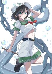  1girl absurdres anchor anchor_symbol aqua_eyes arm_behind_head belt black_belt black_shoes bubble chain collared_shirt floating_clothes foot_out_of_frame hat highres holding holding_ladle ladle looking_at_viewer midriff_peek murasa_minamitsu navel neckerchief red_neckerchief sailor_collar shirt shoes shorts solo standing standing_on_one_leg suzukiairi0001 touhou white_background white_hat white_shirt white_shorts 