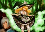  1girl blonde_hair bloomers book breasts cleavage dress dress_lift glasses grass grin hat hat_ribbon kirisame_marisa kutouten long_hair morichika_rinnosuke open_book ribbon silver_hair smile star sweatdrop touhou tree witch witch_hat yellow_eyes 