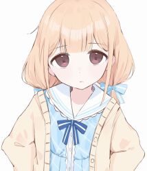  1girl :o blonde_hair blue_bow blue_bowtie blue_dress bow bowtie brown_eyes cardigan dress futaba_anzu highres idolmaster idolmaster_cinderella_girls idolmaster_cinderella_girls_starlight_stage long_hair long_sleeves looking_at_viewer low_twintails open_cardigan open_clothes parted_lips sailor_collar simple_background solo tsuchi_(sh_spica1) twintails upper_body white_background white_sailor_collar yellow_cardigan 