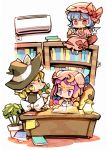  air_conditioner ascot blonde_hair blue_hair book bookshelf bow chibi crescent desk hair_bow hat hounori kirisame_marisa lamp multiple_girls open_mouth patchouli_knowledge plant potted_plant purple_eyes purple_hair reading red_eyes remilia_scarlet sitting touhou violet_eyes wings witch witch_hat yellow_eyes 