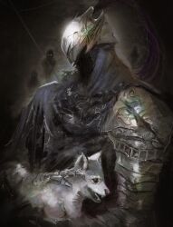  1boy abyssmalenia animal armor artorias_the_abysswalker baby_animal blue_cloak cloak dark_souls_(series) dark_souls_i dog faceless faceless_male full_armor gauntlets great_grey_wolf_sif grey_wolf helmet highres humanity_(dark_souls) male_focus plume puppy silver_armor upper_body wolf 