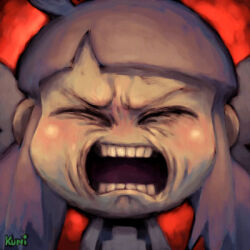  ahoge angry archived_source black_mouth blunt_bangs blush bow close-up closed_eyes english_commentary furious furrowed_brow hair_bow high_detail long_hair long_sidelocks low_twintails lowres no_nose open_mouth original ruby-ko sidelocks straight-on tanaka_kunihiko teeth tongue twintails white_bow wrinkled_skin 