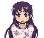  1girl arawi_keiichi_(style) blush long_hair looking_at_viewer mirai_nikki nichijou open_mouth parody purple_eyes purple_hair seiyuu_joke style_parody suika260 sweatdrop uryuu_minene violet_eyes white_background 