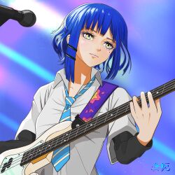  1girl aegyo_sal aged_up bass_guitar black_shirt blue_necktie bocchi_the_rock! closed_mouth commentary diagonal-striped_clothes diagonal-striped_necktie guitar_strap hair_ornament hairclip highres instrument layered_sleeves long_sleeves microphone mole mole_under_eye necktie parallel_hairclips shirt short_over_long_sleeves short_sleeves solo striped_clothes tomoyaku white_shirt yamada_ryo yellow_eyes 