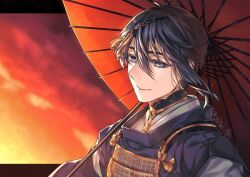  1boy bishounen black_hair blue_eyes commentary_request hair_between_eyes japanese_clothes kariginu male_focus mikazuki_munechika oil-paper_umbrella portrait profile solo tenkuu_sphere touken_ranbu twitter_username umbrella 