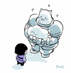  1boy 1other 2016 2d :3 ambiguous_gender anthro armor artist_name digital_media dog dog_boy dot_eyes duo frisk_(undertale) full_body furry furry_male greater_dog holding holding_snow horizontal-striped_clothes human male powaro02 purple_shirt shirt short_hair simple_background size_difference snow sparkle standing striped_clothes striped_shirt undertale utdr_(toby_fox) white_background 