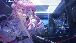  2girls absurdres angel_wings bare_shoulders blue_archive blush breasts elevator feathered_wings flower hair_bun hair_flower hair_ornament hair_ribbon halo highres indoors large_breasts long_hair looking_at_viewer low_wings mika_(blue_archive) multiple_girls open_mouth pekoku_(tamago_sushi) pink_hair pink_halo purple_flower ribbon saori_(blue_archive) single_side_bun smile white_ribbon white_wings wings yellow_eyes 