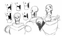  1boy 2016 2d armor artist_logo cape closed_mouth cropped_head cropped_torso digital_media gloves hand_on_own_chin humanoid leeffi male male_focus male_only monochrome monster monster_boy multiple_views one_eye_closed open_mouth papyrus_(undertale) signature simple_background skeleton sketch solo teeth undead undertale utdr_(toby_fox) white_background 