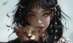  1girl :o aegyo_sal animal armor black_hair cat day earrings forehead_jewel ghostblade green_eyes highres jewelry looking_at_viewer magatama magatama_earrings necklace open_mouth ornate_clothes outdoors painterly portrait princess_aeolian short_hair shoulder_armor sidelighting solo wlop 
