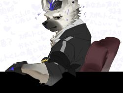  1boy arknights armband black_hair black_jacket commentary_request ear_piercing eyebrow_piercing face_piercing furry furry_male grey_fur highres hyena_boy hyena_ears jacket looking_at_viewer male_focus open_mouth piercing pluto_(pu94_d1de4c) sitting smile sparkle spot_(arknights) star_(symbol) translation_request 