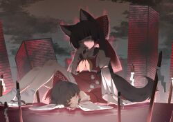  2girls absurdres animal_ears bow brown_hair building chest_sarashi commentary detached_sleeves dual_persona english_commentary frilled_bow frilled_hair_tubes frills hair_bow hair_tubes hakurei_reimu highres kemonomimi_mode long_hair lying multiple_girls neckerchief no_noru on_stomach paw_print paw_print_pattern possessed print_skirt red_bow red_eyes red_skirt ribbon-trimmed_sleeves ribbon_trim sandals sarashi skirt skirt_set socks tail touhou white_socks wily_beast_and_weakest_creature wolf_ears wolf_girl wolf_tail yellow_neckerchief 