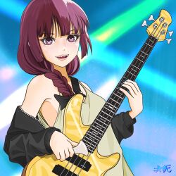  1girl bachi bass_guitar black_bow black_jacket blue_background blue_nails bocchi_the_rock! bow braid commentary_request dress green_dress guitar_strap hair_bow highres hiroi_kikuri holding holding_bass_guitar holding_instrument instrument jacket long_hair nail_polish open_mouth plectrum purple_hair sharp_teeth single_braid solo spaghetti_strap teeth tomoyaku violet_eyes zipper 