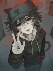 1boy animal_ears baseball_cap black_hoodie black_sclera blue_hat cat_boy cat_ears cat_tail colored_sclera commission cowboy_shot elevator elevator_door hat highres hood hoodie indoors male_focus pants player_character_(roblox) red_eyes roblox rwacid solo tail teeth 