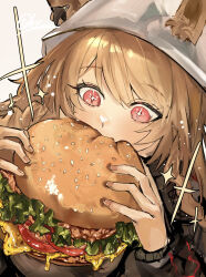  +_+ 1girl a6_9s_rinlin animal_ears arknights artist_name black_jacket brown_hair bucket_hat burger ceobe_(arknights) ceobe_(unfettered)_(arknights) commentary_request dog_ears dog_girl eating food hands_up hat highres holding holding_burger holding_food jacket long_hair long_sleeves looking_at_food portrait red_eyes solo sparkle white_hat 