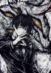  1boy absurdres black_hair black_suit chainsaw_man closed_mouth earrings fox_devil_(chainsaw_man) fox_shadow_puppet grey_eyes hayakawa_aki highres jacket jewelry necktie one_eye_closed stud_earrings suit suit_jacket sword sword_on_back topknot tsukihi_shida weapon weapon_on_back 