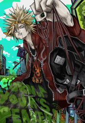  1boy black_nails black_pants black_shirt blonde_hair city earrings face_piercing green_eyes hat highres inline_skates jacket jewelry lip_piercing lollipop_in_mouth looking_at_viewer male_focus necklace nu_punxxxz open_clothes open_jacket original pants pearl_necklace piercing print_shirt red_jacket roller_skates shirt shoes short_hair skates solo spiky_hair unworn_shoes visor_cap yellow_hat 