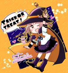  1girl adapted_costume badge black_cape black_hat black_skirt cape commentary_request dated full_body halloween hat izumiyamisono kantai_collection one_eye_closed open_mouth orange_background pleated_skirt ponytail purple_socks rabbit red_eyes sazanami_(kancolle) school_uniform serafuku shirt skirt smile socks solo trick_or_treat twintails twitter_username two-sided_cape two-sided_fabric wand white_shirt witch_hat 