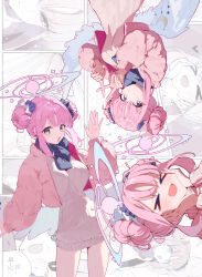  1girl absurdres alternate_costume angel_wings blue_archive dan_nako double_bun feathered_wings gradient_halo hair_bun halo highres low_wings mika_(blue_archive) multicolored_halo pink_hair pink_halo solo white_wings wing_ornament wings 