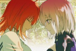  2girls backlighting bloom closed_eyes closed_mouth easel_(dam0628) facing_down fate/grand_order fate_(series) from_side fujimaru_ritsuka_(female) fujimaru_ritsuka_(female)_(decisive_battle_chaldea_uniform) gorget gradient_hair high_collar light_smile looking_at_another mash_kyrielight mash_kyrielight_(ortenaus) medium_hair multicolored_hair multiple_girls orange_hair pink_hair short_hair upper_body violet_eyes 