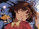  ahoge bed blush brown_hair card_captor_sakura cardcaptor_sakura child closed_eyes eyes_closed kero kinomoto_sakura open_clothes open_mouth open_shirt short_hair sleeping 