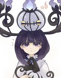  1girl absurdres bob_cut chandelure closed_mouth coat eyelashes gwynn_(pokemon) hat highres holding holding_unworn_clothes holding_unworn_hat long_sleeves looking_at_another looking_up musical_note on_head pokemon pokemon_(creature) pokemon_legends:_z-a pokemon_on_head short_hair suzu_(pixiv_32232702) unworn_hat unworn_headwear violet_eyes white_background white_coat 