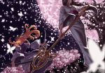  blonde_hair butterfly cherry_blossoms feitie from_behind head_out_of_frame japanese_clothes katana long_hair multiple_girls petals saigyou_ayakashi saigyouji_yuyuko saigyouji_yuyuko_(living) shakujo sheath staff sword touhou tree weapon yakumo_yukari 