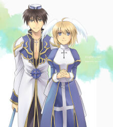  1boy 1girl ? ahoge alternate_color beretta_de_camera black_coat black_pants blonde_hair blue_coat blue_dress blue_eyes brown_hair celestial_s closed_mouth coat commentary_request cross cross_necklace cross_of_prontera cross_print dress feathered_wings gold_trim grey_eyes hair_between_eyes hat head_wings high_priest_(ragnarok_online) jewelry juliet_sleeves long_sleeves looking_at_viewer necklace pants puffy_sleeves ragnarok_online sash short_hair smile two-tone_dress white_coat white_dress white_hat white_sash white_wings wings 