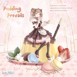  1girl apron artist_request blue_eyes blunt_bangs boots bow bow_choker bowtie brown_boots brown_bow brown_bowtie brown_dress brown_hair center_frills character_name choker clouds collarbone colored_petticoat copyright_logo dress dress_bow drill_hair eating english_text eyelashes food food-themed_hair_ornament footwear_bow frilled_gloves frilled_sleeves frills fruit full_body gloves grey_bow hair_bow hair_ornament happy heart high_heel_boots high_heels holding holding_plate knee_boots lace-trimmed_apron lace-trimmed_choker lace_trim light_blush light_particles logo lolita_fashion long_hair looking_at_viewer macaron medium_dress miracle_nikki nikki_(series) nut_(food) off-shoulder_dress off_shoulder official_art on_food open_mouth pink_bow pink_bowtie pink_choker pink_skirt plate pocky pudding pudding_prevails_(miracle_nikki) sandwich short_sleeves sitting skirt sleeve_bow smile solo strawberry strawberry_hair_ornament strawberry_slice striped_bow striped_bowtie striped_clothes striped_footwear table third-party_source twin_drills twintails two-tone_bow two-tone_bowtie vertical-striped_footwear waist_apron waist_bow white_apron white_bow white_gloves wrist_bow 