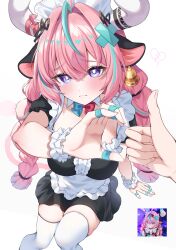 1girl 1other absurdres alternate_costume animal_ears apron aqua_hair black_dress braid breasts cow_ears cow_girl cow_horns cow_tail dress enmaided frilled_apron frills genshin_impact heart_hands_failure highres horns long_hair maid maid_apron multicolored_hair nemu_o3o pink_hair streaked_hair tail tears thigh-highs thumbs_up twin_braids twintails varesa_(genshin_impact) violet_eyes waist_apron white_apron white_thighhighs