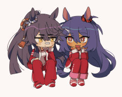  2girls animal_ears bandaid bandaid_on_face bandaid_on_nose black_hair blush breasts closed_mouth dark-skinned_female dark_skin deformed ear_ornament ear_scrunchie fang gym_shirt hair_between_eyes hair_ornament hairclip highres hishi_amazon_(umamusume) horse_ears horse_girl horse_tail hwipa_(param_blue) jacket long_hair long_sleeves multiple_girls narita_brian_(umamusume) open_clothes open_jacket open_mouth pants ponytail red_eyes red_jacket red_pants red_scrunchie red_track_suit scrunchie shirt simple_background smile striped_clothes striped_scrunchie tail tracen_training_uniform track_jacket track_pants track_suit umamusume very_long_hair white_shirt yellow_eyes 