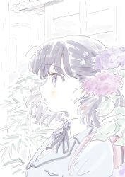  backpack bag black_hair black_ribbon blazer commentary_request flower from_side fukumaru_koito hair_flower hair_ornament highres idolmaster idolmaster_shiny_colors jacket medium_hair neck_ribbon portrait ribbon school_uniform senda_nara swept_bangs twintails upper_body violet_eyes watercolor_effect wet wet_hair 