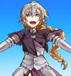  :d armor armored_dress blonde_hair braid dress fate/apocrypha fate_(series) gauntlets headpiece jeanne_d&#039;arc_(fate/apocrypha) jeanne_d'arc_(fate/apocrypha) open_mouth purple_eyes ruler_(fate/apocrypha) single_braid smile solo tukno violet_eyes 