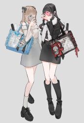  2girls bag belt belt_buckle black_belt black_boots black_bow black_hair black_jacket black_shoes black_skirt black_sweater blue_bag blue_bow blunt_bangs boots bow brown_hair brown_sweater buckle cellphone character_badge character_doll closed_eyes colored_inner_hair covering_face cropped_sweater doll earrings fashion fingernails full_body fur_scarf glowstick grey_background grey_nails grey_skirt hair_bow high-waist_skirt highres holding holding_phone itabag jacket jewelry kanae_(8th_costume)_(nijisanji) kanae_(nijisanji) knee_boots kuzuha_(1st_costume)_(nijisanji) kuzuha_(nijisanji) light_blush long_fingernails long_hair long_sleeves merchandise miniskirt momomm29292 multicolored_hair multiple_belts multiple_earrings multiple_girls nijisanji off-shoulder_sweater off_shoulder open_clothes open_jacket original oshi-katsu otaku pencil_skirt penlight_(glowstick) phone platform_shoes red_hair red_nails ribbon scarf shoes shoulder_bag sidelocks skirt socks standing sweater turtleneck turtleneck_sweater two_side_up watermark wavy_hair white_scarf white_socks wide_sleeves 