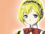  aegis android bad_id blonde_hair blue_eyes bow bust headphones pazma persona persona_3 short_hair smile solo 