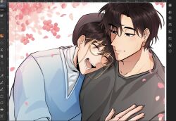  2boys alternate_costume areuwuu art_program_in_frame black_eyes black_hair black_shirt blue_vest blush cherry_blossoms closed_eyes crew_neck cross_scar falling_petals glasses hand_on_another&#039;s_chest hat head_on_another&#039;s_shoulder highres kim_dokja male_focus multiple_boys omniscient_reader&#039;s_viewpoint open_mouth petals scar screenshot shirt short_hair upper_body vest white_shirt yoo_joonghyuk 