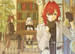  3girls aji_(eatfishfly) alternate_costume ange_katrina animal_ears ankle_boots black_bow black_bowtie black_gloves black_pantyhose black_shirt black_sleeves blue_eyes bookshelf boots bow bowtie brown_boots brown_hair brown_tail closed_mouth coat commentary dog_ears dog_girl dog_tail dot_nose dress elbow_rest erlenmeyer_flask flask frown glass_jar gloves grey_dress grey_gloves grey_socks hair_intakes hair_ornament hand_on_own_chin hands_on_lap hands_on_own_cheeks hands_on_own_face hands_up head_rest heterochromia highres holding holding_flask indoors inui_toko lab_coat lapels light_bulb lize_helesta long_hair long_sleeves looking_at_another looking_at_object low_twintails medium_hair multicolored_eyes multiple_girls nijisanji notched_lapels official_alternate_costume page_of_lambda pantyhose plant potted_plant red_eyes red_hair retort_stand sample_watermark sanbaka_(nijisanji) shirt short_dress smile socks stool sweatdrop symbol-only_commentary table tail test_tube thinking triangle_hair_ornament twintails twitter_username two-tone_eyes very_long_hair violet_eyes virtual_youtuber watermark white_coat white_dress white_hair wooden_table yellow_eyes 