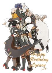 1boy alexandrina_sebastiane belle_(zenless_zone_zero) butler carrying_person corin_wickes ellen_joe hug long_hair maid multiple_girls shark_girl shark_tail short_hair von_lycaon wolf_boy zenless_zone_zero