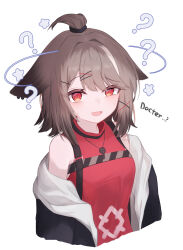  1girl :d absurdres aenga_1011 animal_ears arknights bandaid bandaid_on_shoulder bare_shoulders black_coat blush breasts brown_hair coat cropped_torso cutter_(arknights) dot_nose ears_down english_text fox_ears fox_girl hair_intakes hair_ornament hairpin half-closed_eye highres jewelry looking_at_viewer medium_breasts multiple_hairpins necklace off_shoulder open_clothes open_coat pentagram_necklace red_eyes red_shirt shirt simple_background sleeveless sleeveless_shirt small_breasts smile solo sweat topknot upper_body white_background white_streaks x_hair_ornament 