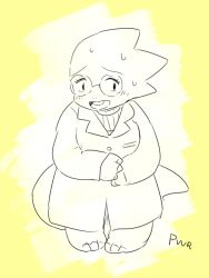  1girl 2016 2d alphys anthro artist_name barefoot buck_teeth coat digital_media dinosaur dinosaur_girl female female_only full_body glasses lab_coat lizard lizard_girl lizard_tail monochrome monster monster_girl own_hands_together powaro02 reptile reptile_girl reptile_tail scalie simple_background sketch solo standing sweat sweater tail teeth two-tone_background undertale utdr_(toby_fox) white_background yellow_background 