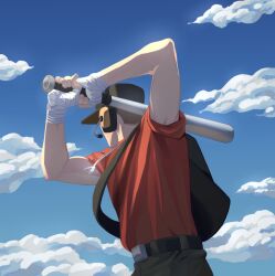  1boy backpack bag bandaged_hand bandages baseball_bat baseball_cap belt buzz_cut day dog_tags from_behind glint hat headphones headset holding holding_baseball_bat jewelry male_focus metal_baseball_bat necklace red_scout_(tf2) scout_(tf2) shirt_tucked_in short_hair short_sleeves sky sleeves_rolled_up solo swinging_baseball_bat team_fortress_2 utmbug very_short_hair 