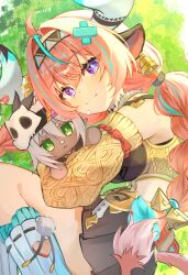  1girl absurdres ahoge animal_ears braid breasts character_doll cow_ears cow_horns cow_tail doll ear_bell genshin_impact hairband highres horns hugging_doll hugging_object iansan_(genshin_impact) large_breasts leg_warmers long_hair lying midriff miniskirt nanase_sato on_side pink_hair skirt smile tail twin_braids varesa_(genshin_impact) violet_eyes white_leg_warmers 