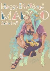 1boy :p anchor_tattoo beard_stubble bird blonde_hair blue_sash character_name commentary_request dated facial_hair full_body glasses happy_birthday highres male_focus marco_(one_piece) ohthekin one_piece phoenix purple_shirt sandals sash shirt short_hair stubble tattoo tongue tongue_out twitter_username 