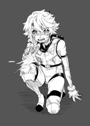  1girl bare_shoulders boots bruise bruise_on_face chinese_commentary commentary elbow_gloves eye_mask fire gloves grey_background greyscale hair_between_eyes high_heel_boots high_heels highres hood hood_down hooded_leotard injury jiguang_haibao leotard looking_at_viewer mask monochrome on_one_knee open_mouth short_hair shy_(character) shy_(series) solo teeth thigh-highs 