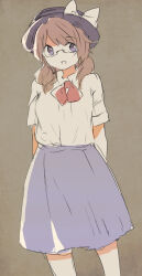  1girl aged_down arms_behind_back blue_skirt bow brown_background fedora feet_out_of_frame glasses hat hat_bow highres low_twintails red_bow school_uniform shirt short_twintails shukinuko skirt solo summer_uniform touhou twintails usami_sumireko violet_eyes white_shirt 