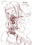  aiming aiming_at_viewer braid character_request copyright_request dated english eyepatch gun handgun holster hooded_jacket inoue_sora m1911 midriff monochrome pistol pov_aiming short_hair single_braid solo translation_request trigger_discipline weapon 