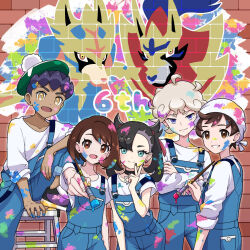  2girls 3boys :d alternate_costume bede_(pokemon) black_hair black_nails blonde_hair blue_overalls borrowed_accessory bright_pupils brown_eyes brown_hair closed_mouth commentary_request crossed_arms curly_hair gloria_(pokemon) grin hair_ribbon hand_up hat highres holding holding_paintbrush hop_(pokemon) looking_at_viewer marnie_(pokemon) multiple_boys multiple_girls nail_polish open_mouth overalls paint_on_clothes paintbrush pokemon pokemon_swsh red_ribbon ribbon shirt short_sleeves smile suspenders tam_o&#039;_shanter teeth v victor_(pokemon) white_pupils yellow_eyes yuu_(jgvj7873) zacian zamazenta 
